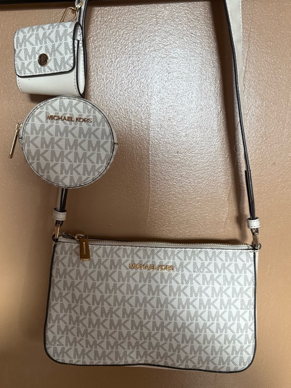 Michael Kors Cream and White Logo Crossbody with Coin Case and Pouch